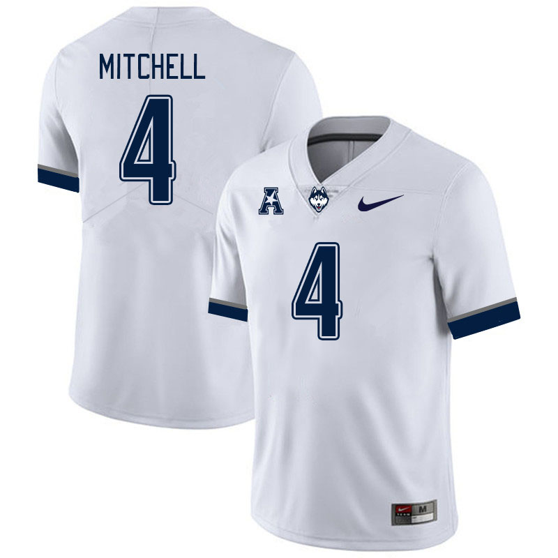 Men #4 Jalen Mitchell Connecticut Huskies College Football Jerseys Stitched Sale-White - Click Image to Close